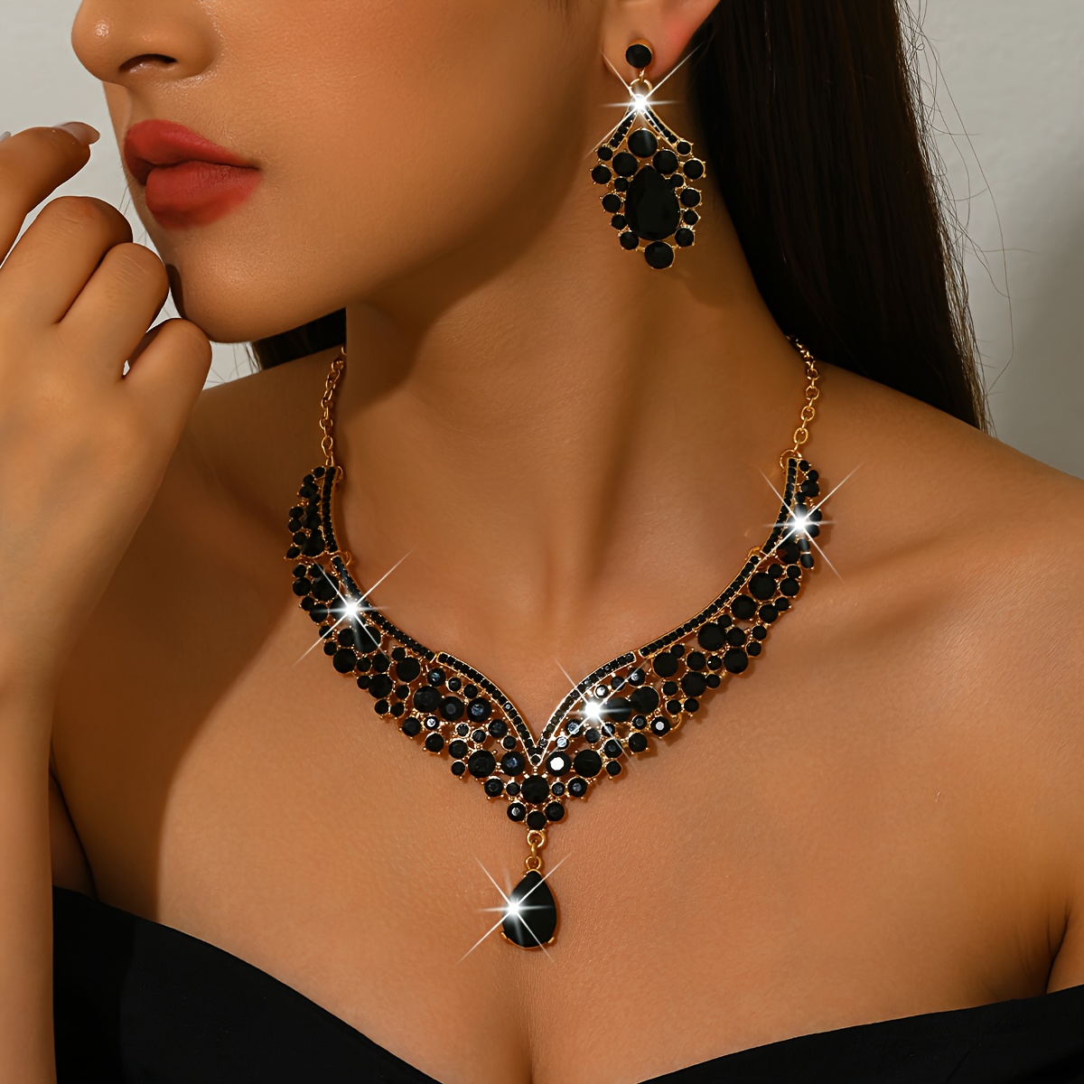 TEMU Elegant High-end European And American Popular Earrings And Necklace Set For Brides, Perfect For Weddings And Formal Events, Featuring Sparkling