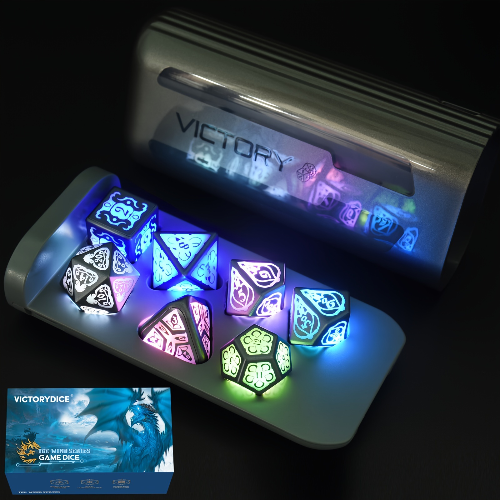 

7pcs Glowing Led D&d Electronic Dice Set Wireless Charging With Charging Box, Light Up Polyhedral Dice Set Of D4 D6 D8 D10 D% D12 D20, For Rpg Mtg Table Games