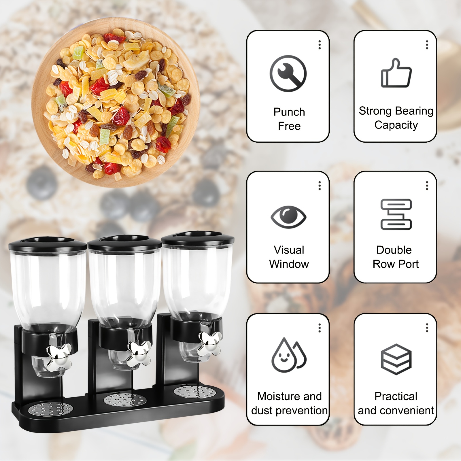 2l grain dispenser oatmeal storage container with   lid 3 dispensing compartments durable plastic kitchen organizer for cereal   pet food decorative bow accent hand wash only   multisurface   sleek     material perforated insert pantry organization modern kitchenware reusable material home cooks details 3