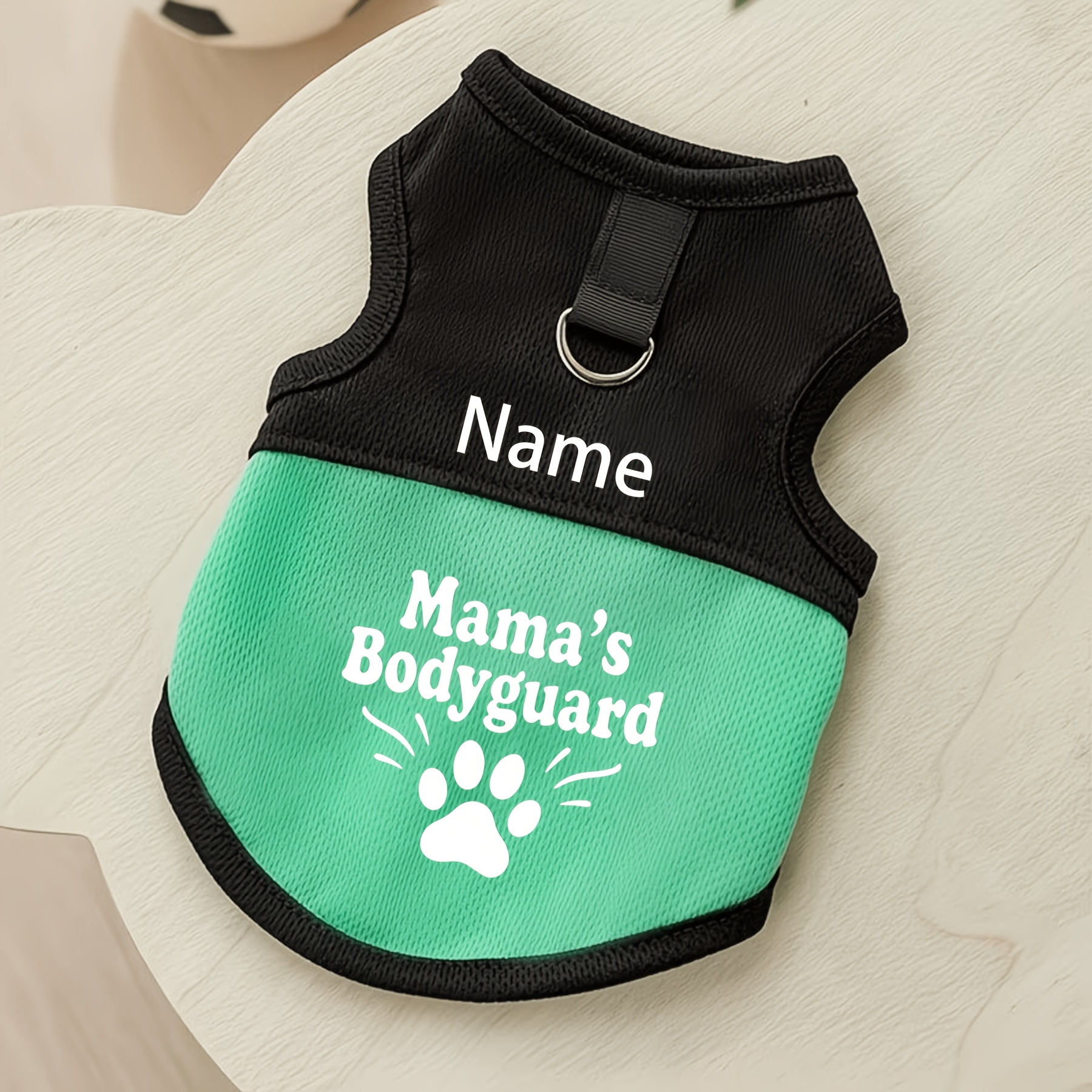 TEMU Pet Protects My Mom Logo Customizable Pet Breathable Mesh Vest With Custom Name, Suitable For Cats And Dogs, Featuring A Paw Print Design And