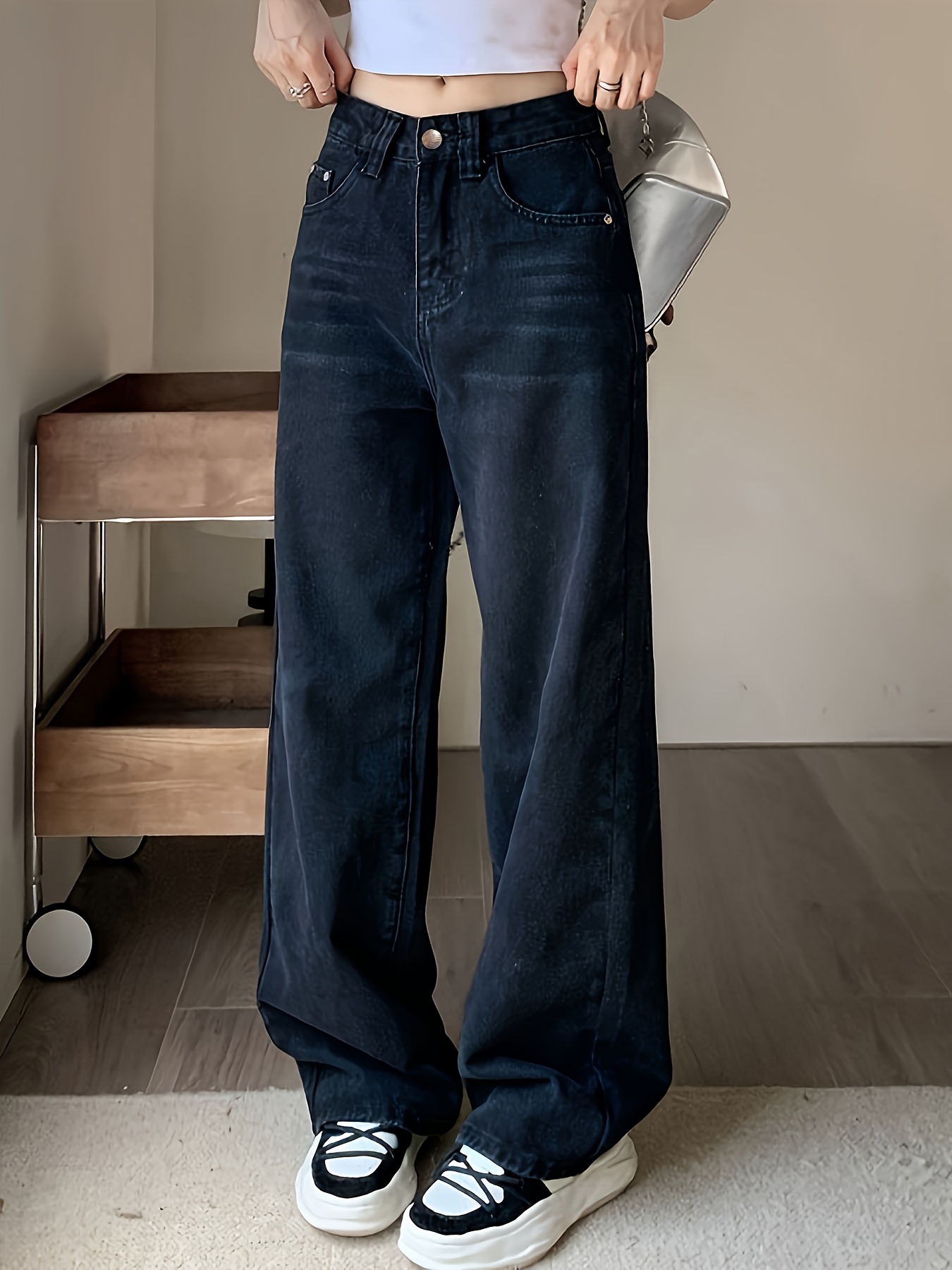 Black Loose Fit Baggy Jeans, High Waist Straight Legs Wide Legs Jeans,  Women's Denim Jeans Clothing