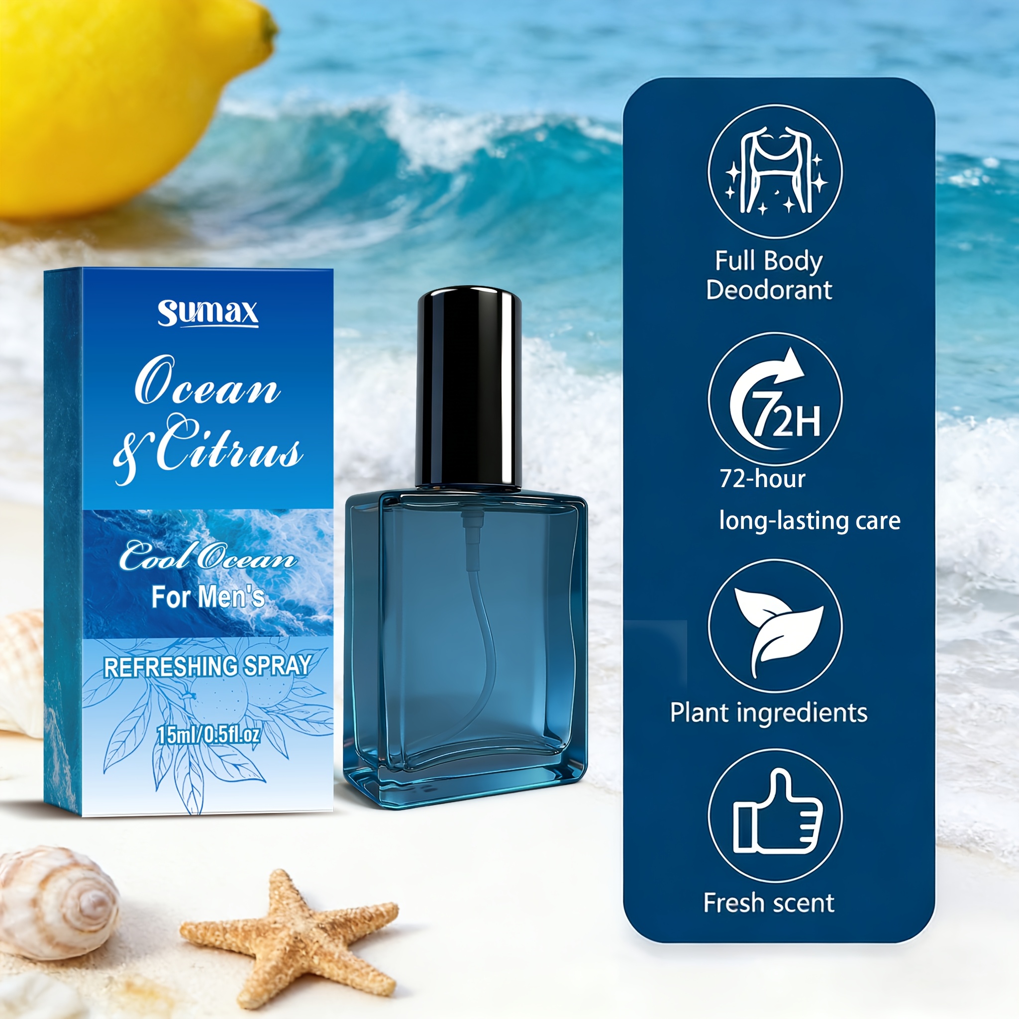 Cool Cool Ocean And Citrus Men Refreshing Spray, Men Deodorant Spray, Underarm Care, Sea Salt Freshness, Unpleasant Odor, Lasts for 48 Hours, Essential for Dates, Displays Personal Charm, Festival Gift, Travel Portable