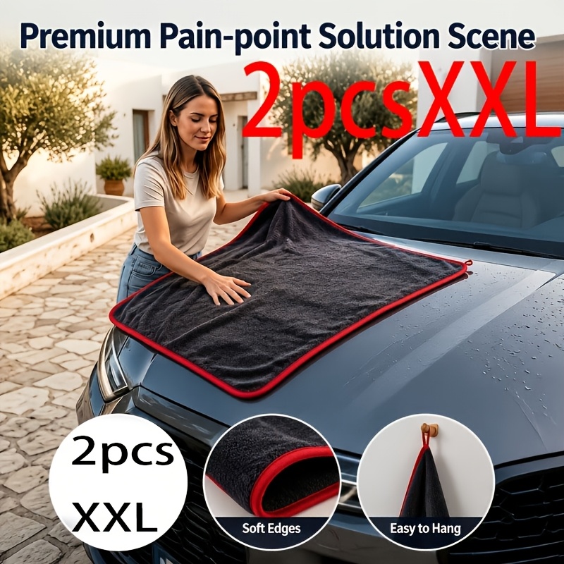 TEMU 2pcs Xxl Extra Large Microfiber Car Drying Towels With Twist - Super Absorbent Thickened Technology For Sedans, Trucks, Boats - Red And Gray