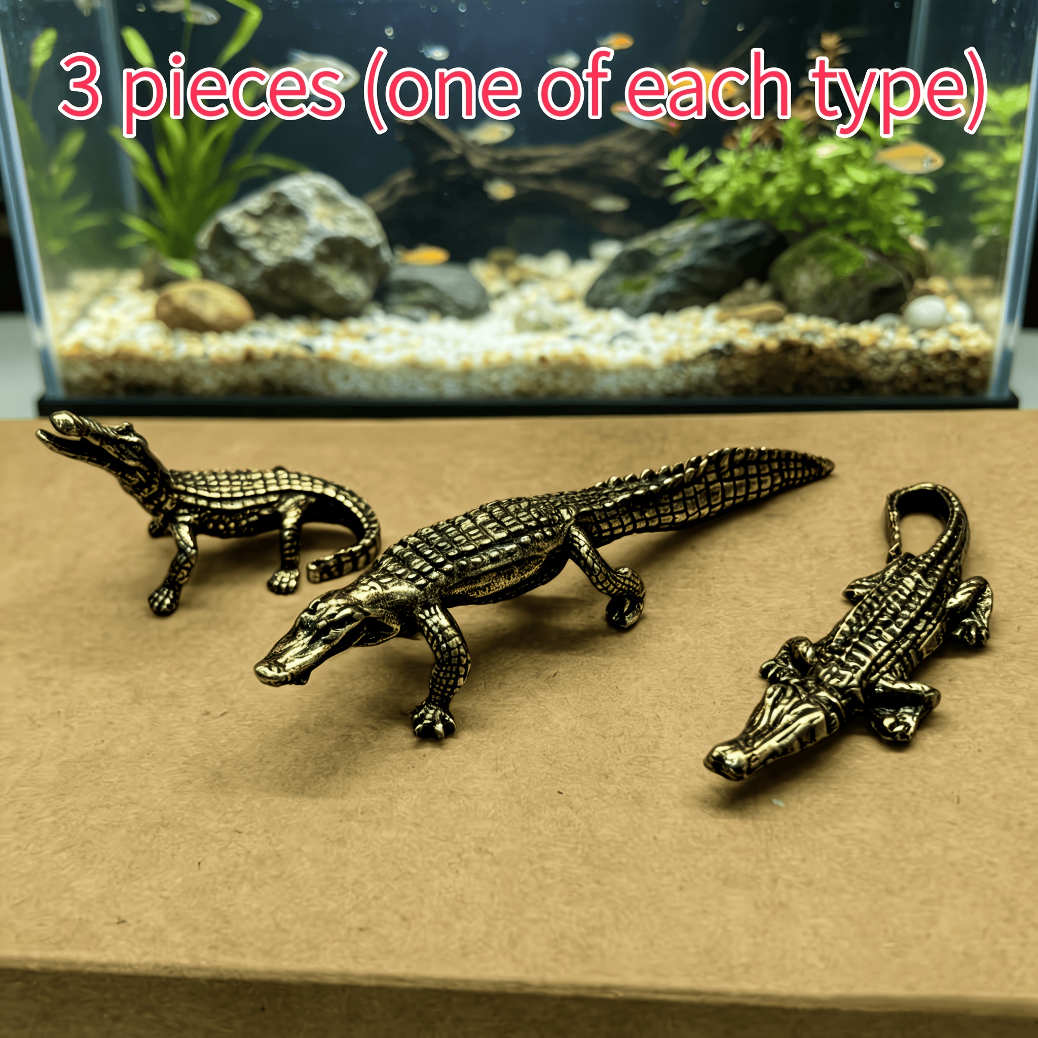 TEMU 3pcs Set Crocodile Metal Vintage Desktop Decorative Figurines, Handcrafted Collectible Tea Pet/desk Pet, Ornament For Desks, Bookshelves, Coffee