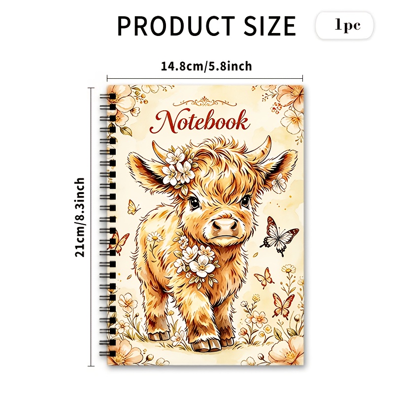 TEMU Cute Highland Cow With Wildflowers And Butterflies Watercolor Theme Spiral Notebook, A5 Size, Office Diary Notebook, Perfect Halloween And