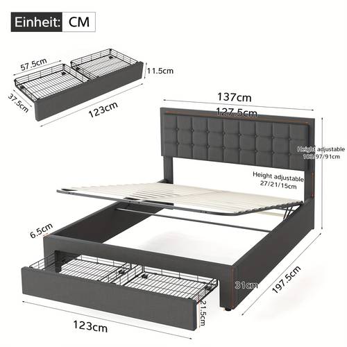 4tf6 double size with hydraulic lift storage bed frame pu leather upholstered suitable for small spaces modern grey wingback headboard space saving functional furniture for guest rooms no mattress included