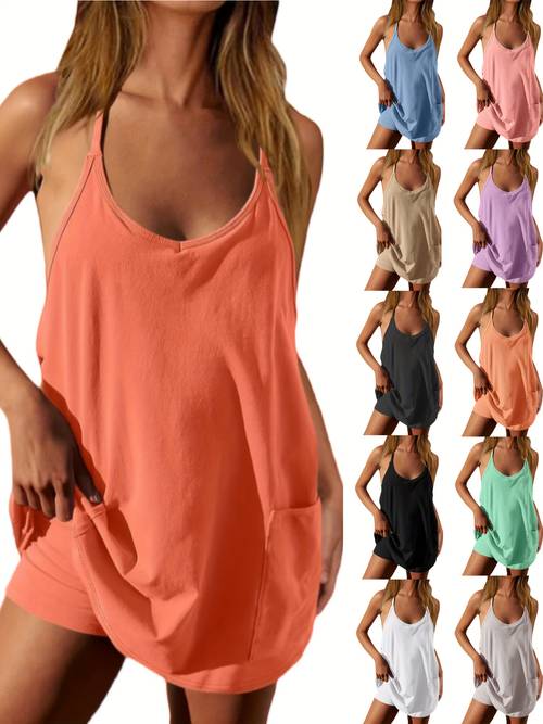 womens sleeveless mini dress with shorts casual athletic style v neck loose fit solid colors purple orange black white washable spring summer fall wear loungewear dress sleeveless mini dress glossy texture short summer dresses