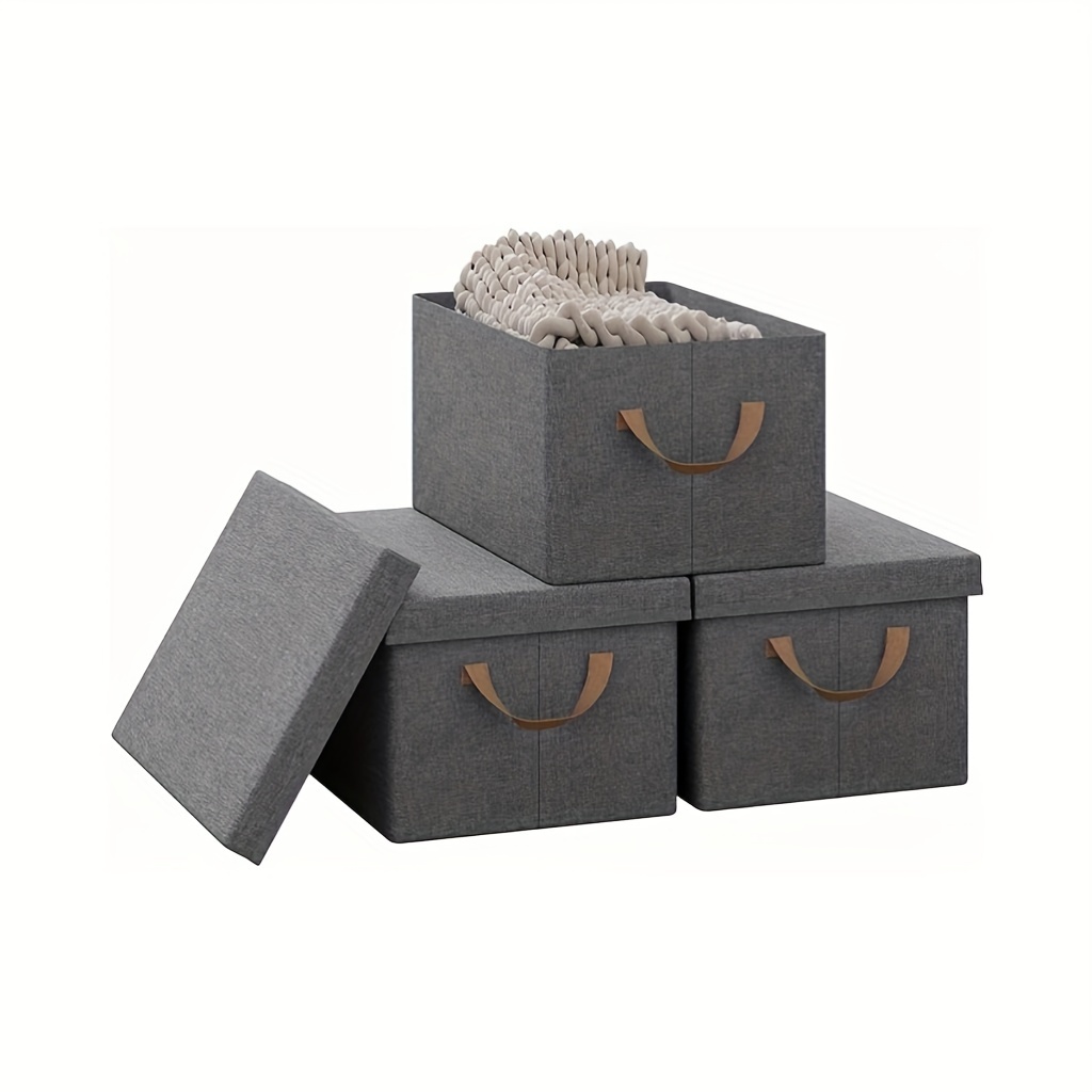 3pcs Storage Box With Lid, Fabric Boxes, Storage Basket With Handles, Storage Cube, Foldable Box For Clothes, Folding Box Grey
