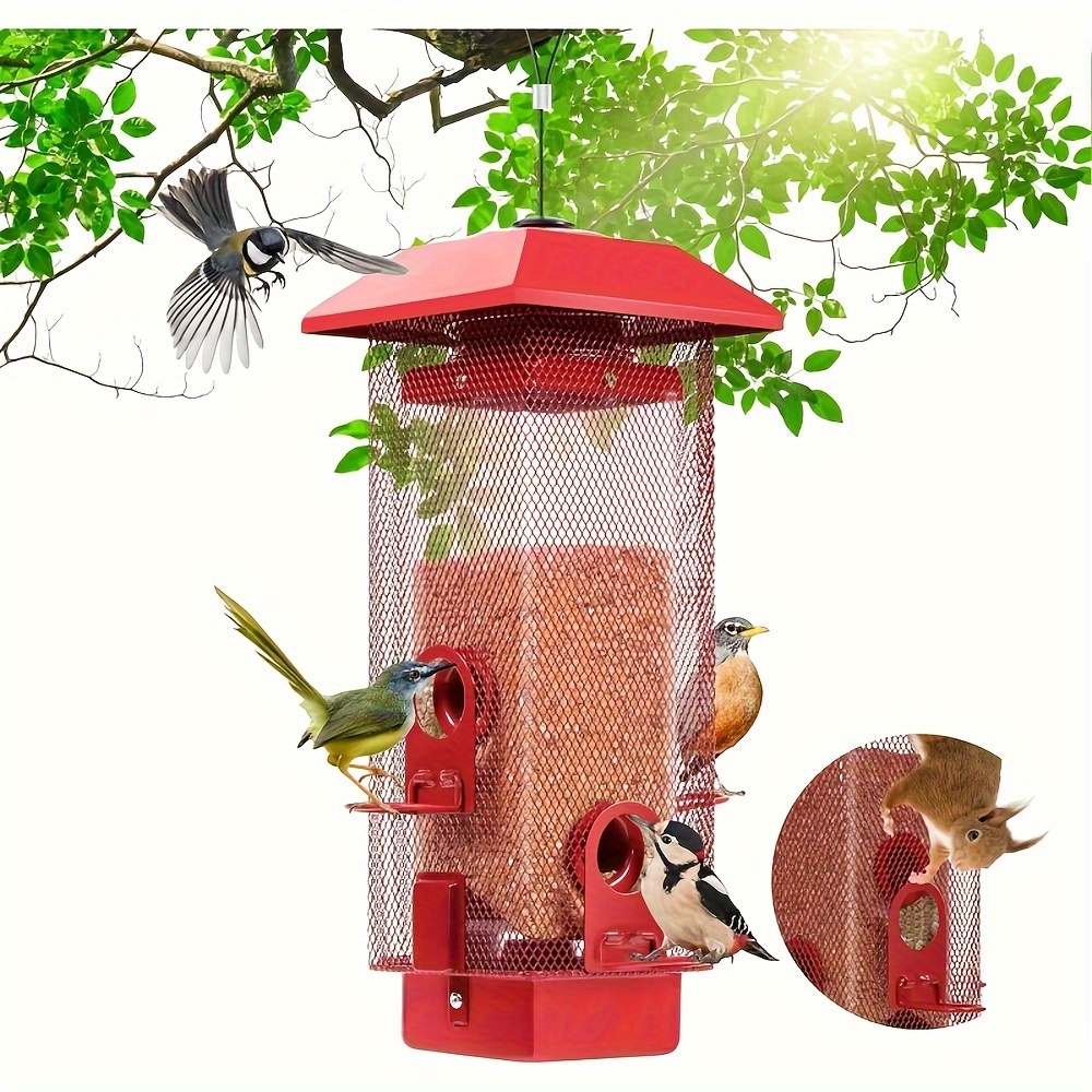

Squirrel Proof Bird Feeder, Gravity Protection Metal Bird Feeder For Outside Hanging, Mesh Wild Bird Feeder, 4 Perches, 2lbs Seed Capacity For Finch Sparrow...