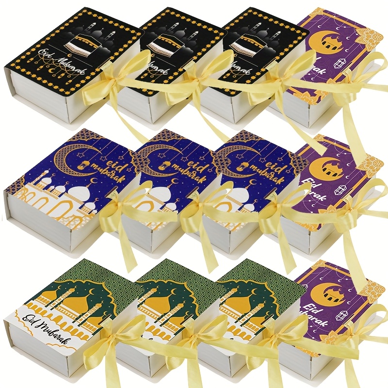 

12pcs Eid Gift Boxes - Book-shaped Chocolate & Candy Packaging, Ramadan Castle Designs, Festival Party Favors With Ribbons