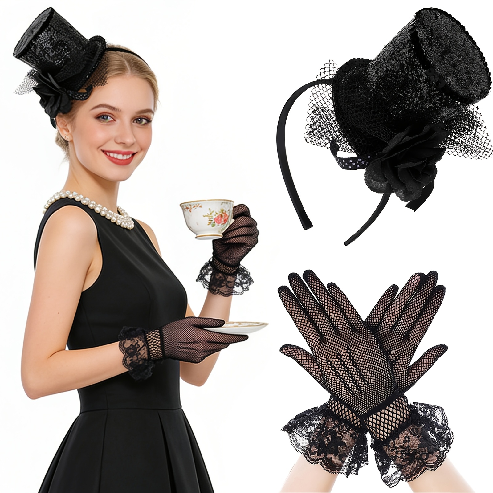 Black Elegant Pillbox Lace Veil Fascinator Ribbon Feathers Clip Matching Gloves d1d62d447151f6fb379d5c8824c4f0  main image 2
