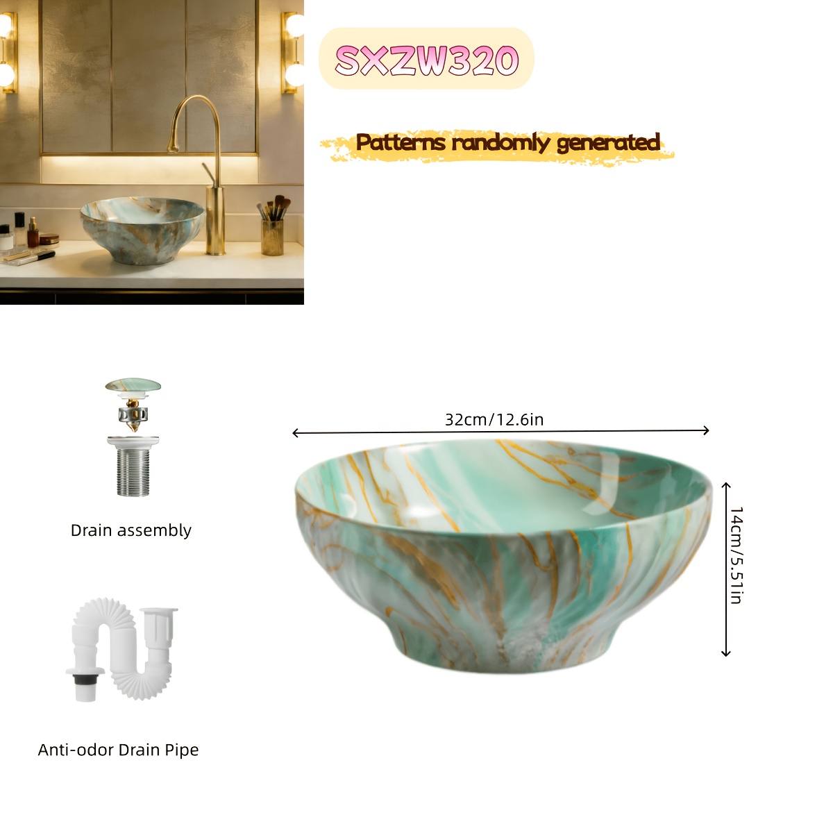 TEMU 1pc Carved Texture Green Golden Floral Pattern Ceramic Washbasin, Face Basin, Art Basin, Bathroom Accessory Decorative Basin, Single Basin, With