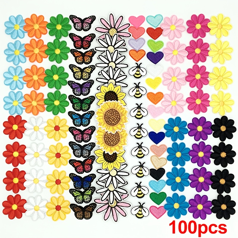 TEMU Lot de 100 Écussons Brodés à Repasser - Papillon & Marguerite pour Vêtements DIY, Sacs, Chapeaux, Vestes - Appliqués de Couture en Diverses