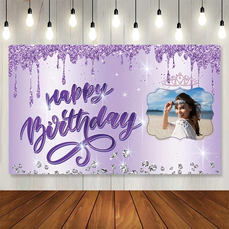 

Custom Happy Birthday Banner - Personalize With Your Photo, Elegant Purple Gilded Theme, 41.7x70.8 Inch - Perfect For Front Porch & Party Decorations