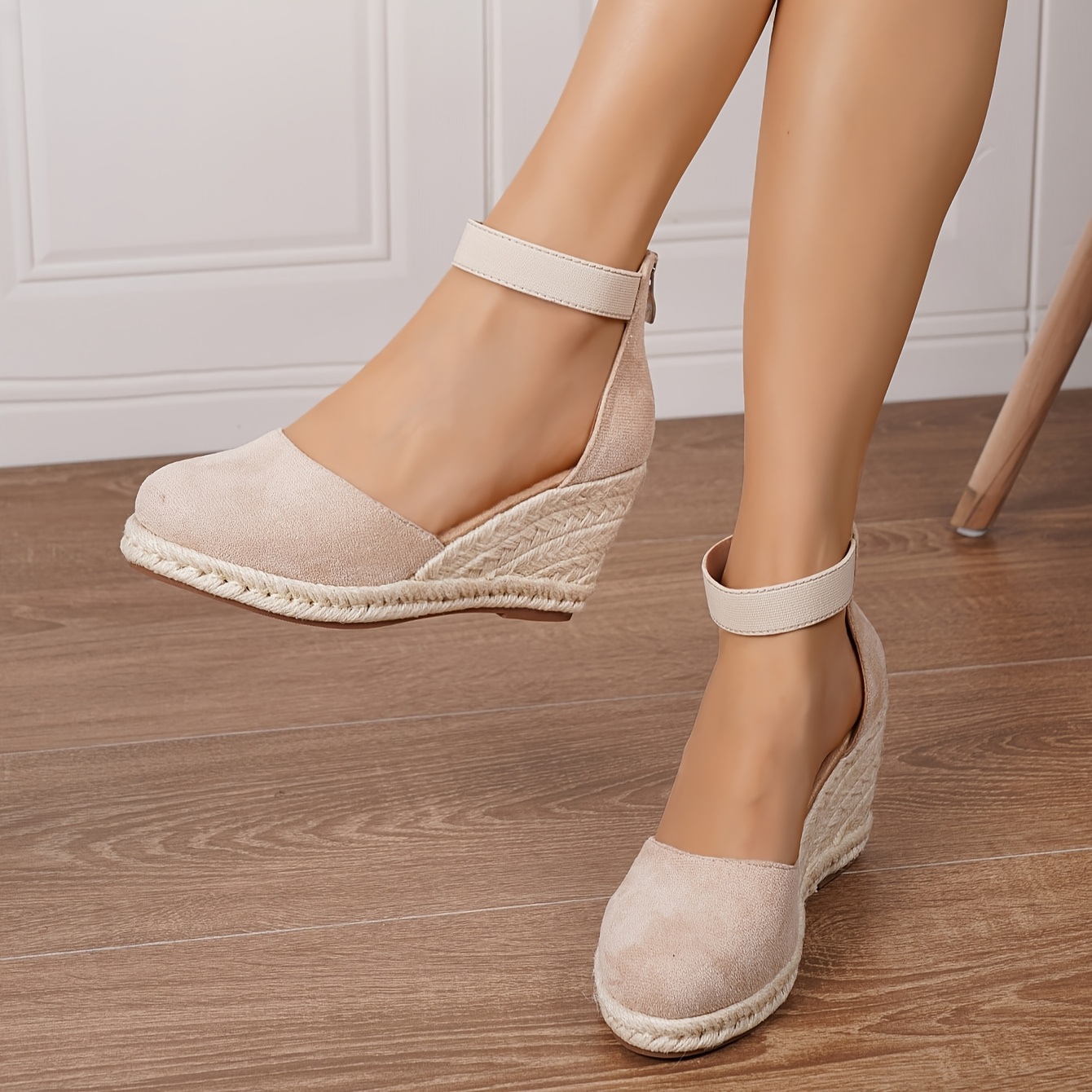 women's beige fleece wedge sandals adjustable ankle strap Temu