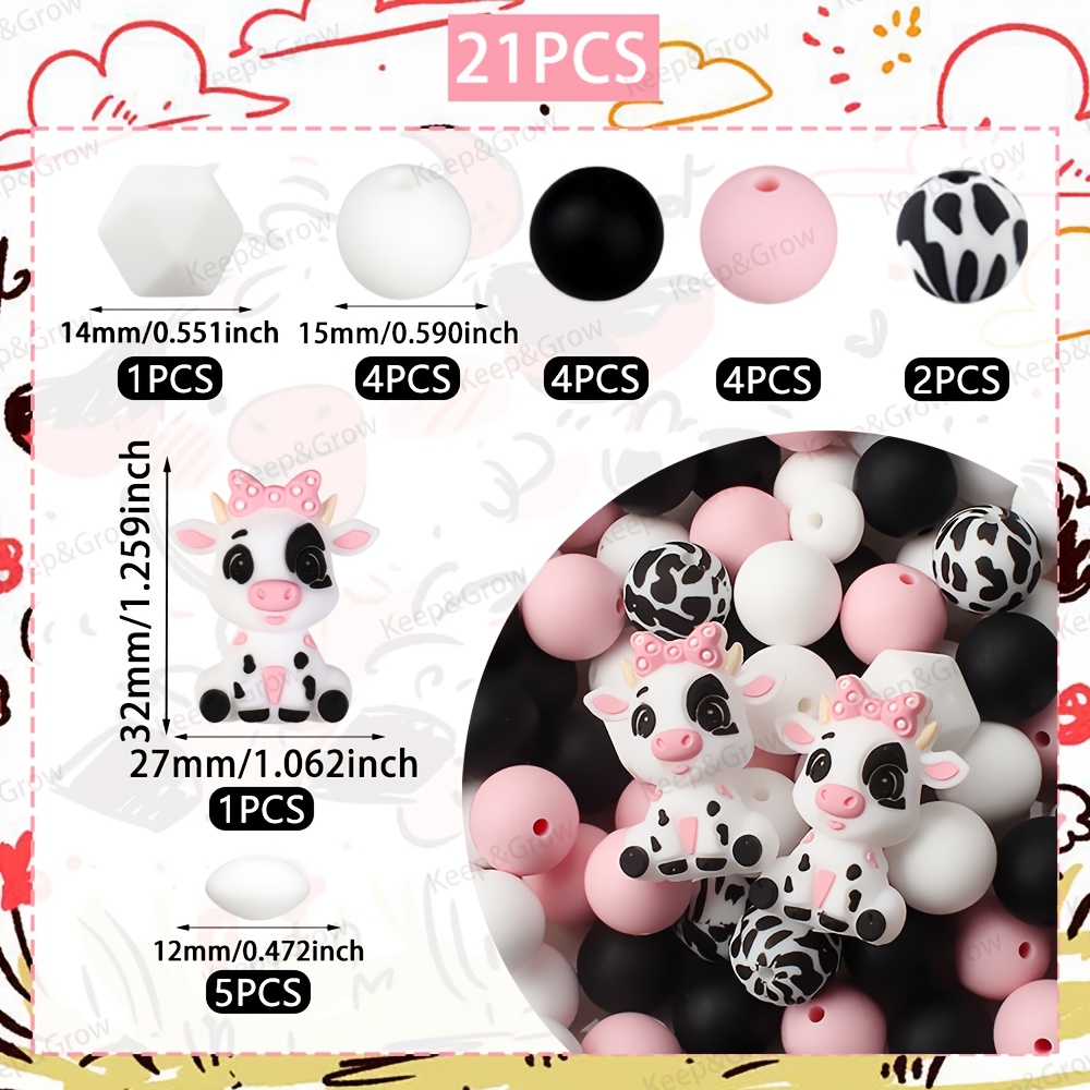 TEMU 21pcs Cow Wearing Bow Theme 3d Silicone Beads Set Cute Cow Beads Perfect For Pens Beaded Making Jewelry Handmade Decorative Crafting Supplies