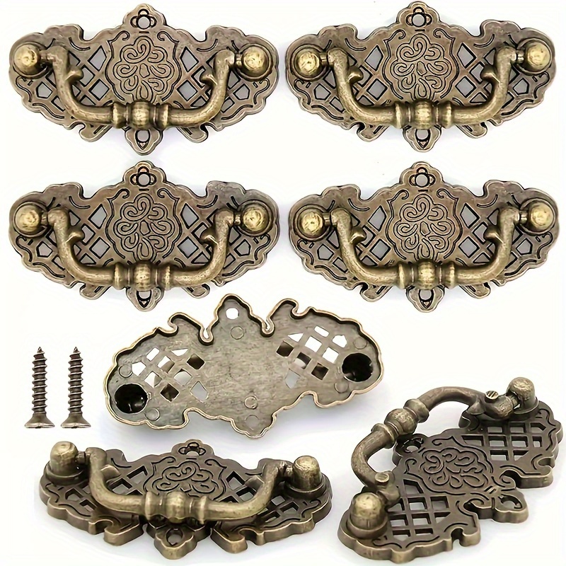 

6pcs Vintage Box Furniture Flower Handle Knobs, Alloy Hollow Handle, Antique Brass Tone, Organizer And Box Handles With Mounting Screws, 66*37mm