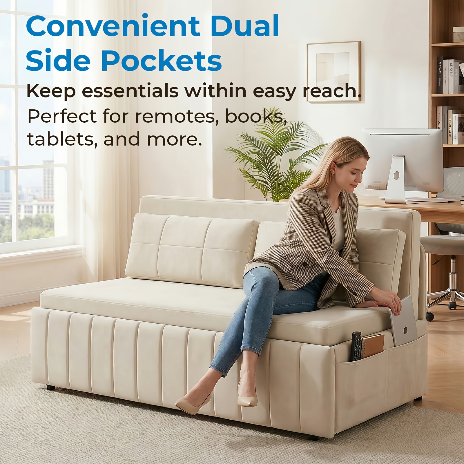 3in 1 Convertible Queen Sofa Bed, Pull Out Sleeper Couch, Armless Loveseat for Small Spaces