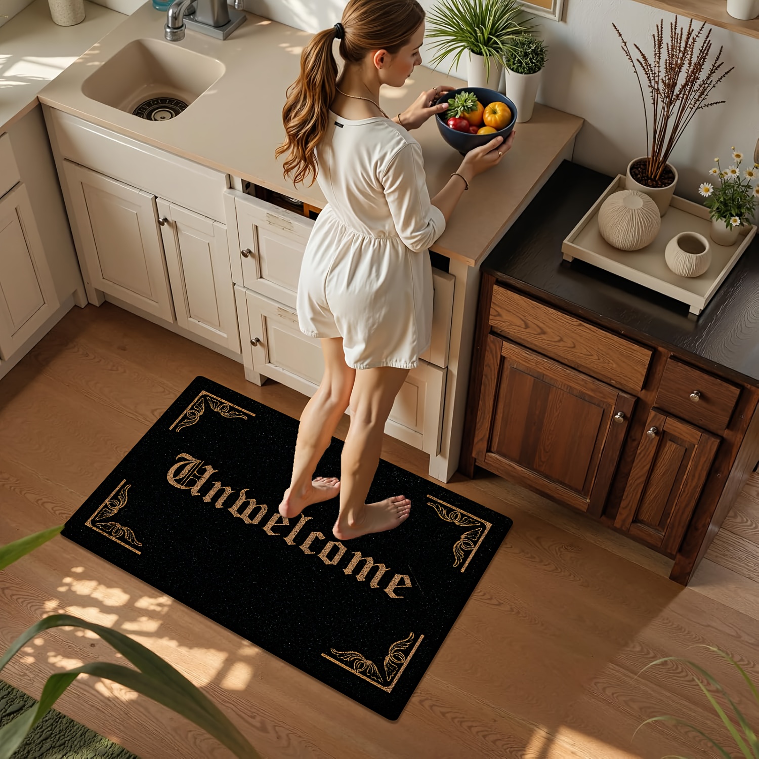 TEMU [ Product] [flannel And 1cm Thick Sponge Material] Fun Door Mat With Black Background And , Gothic Font Displaying "" , Suitable For Bedroom,