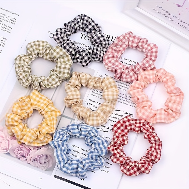 

7pcs Sweet & Simple Plaid Scrunchie Set - Soft Fabric Hair Ties For Women And Girls, Perfect For Ponytails & Styling