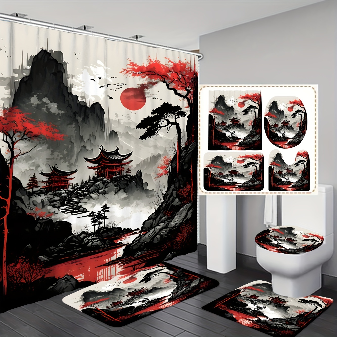 

1/3/4pcs Oriental Ink Landscape Bathroom Set, Includes Shower Curtain (70.8x70.8 Inches) And Matching Toilet Mats, Traditional Asian Art, Red And Black Palette With Free Hooks