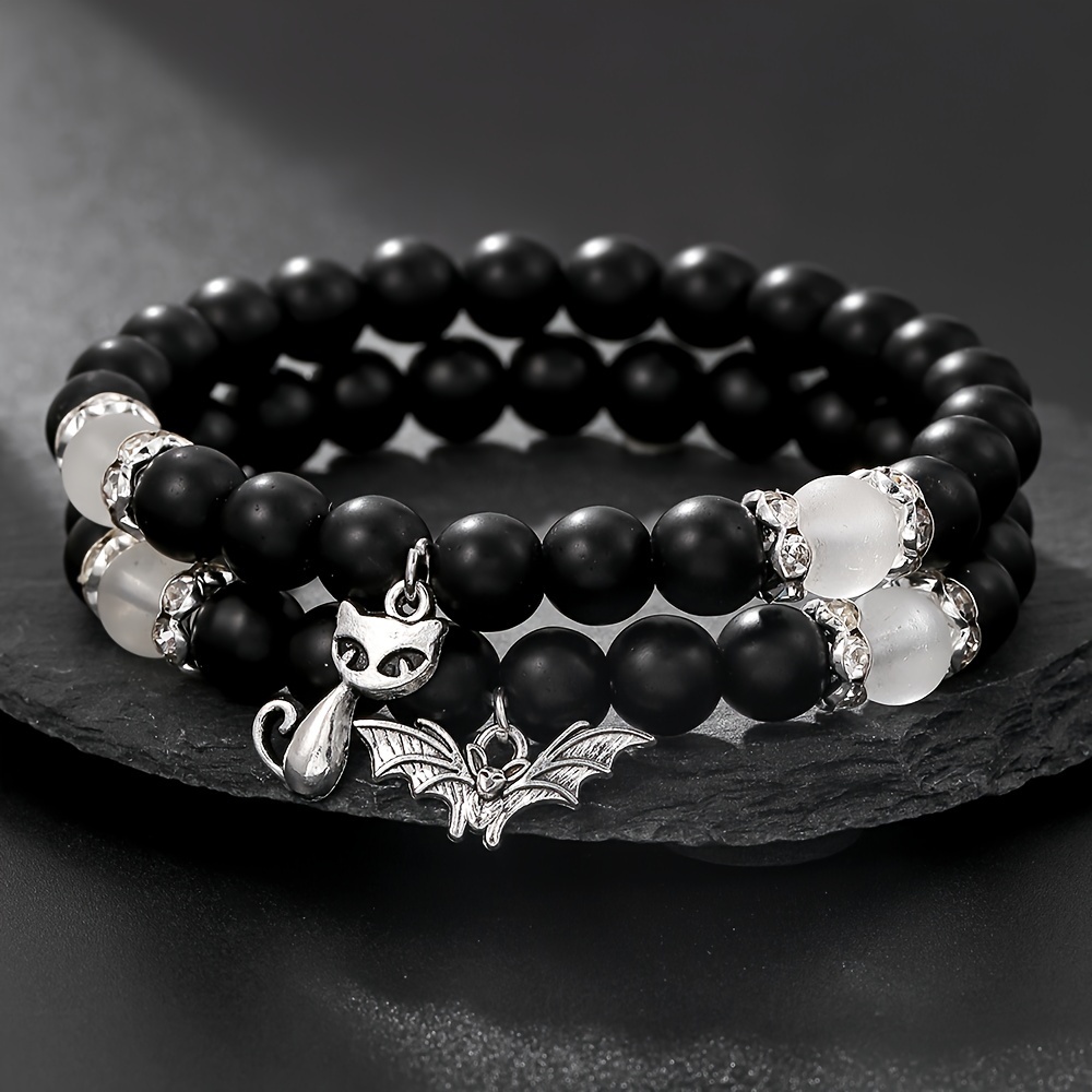 

Chic Two-piece Black & White Frosted Bead Bracelet Set With Cat And Bat Charms – , For Or Parties, Charms For Bracelets