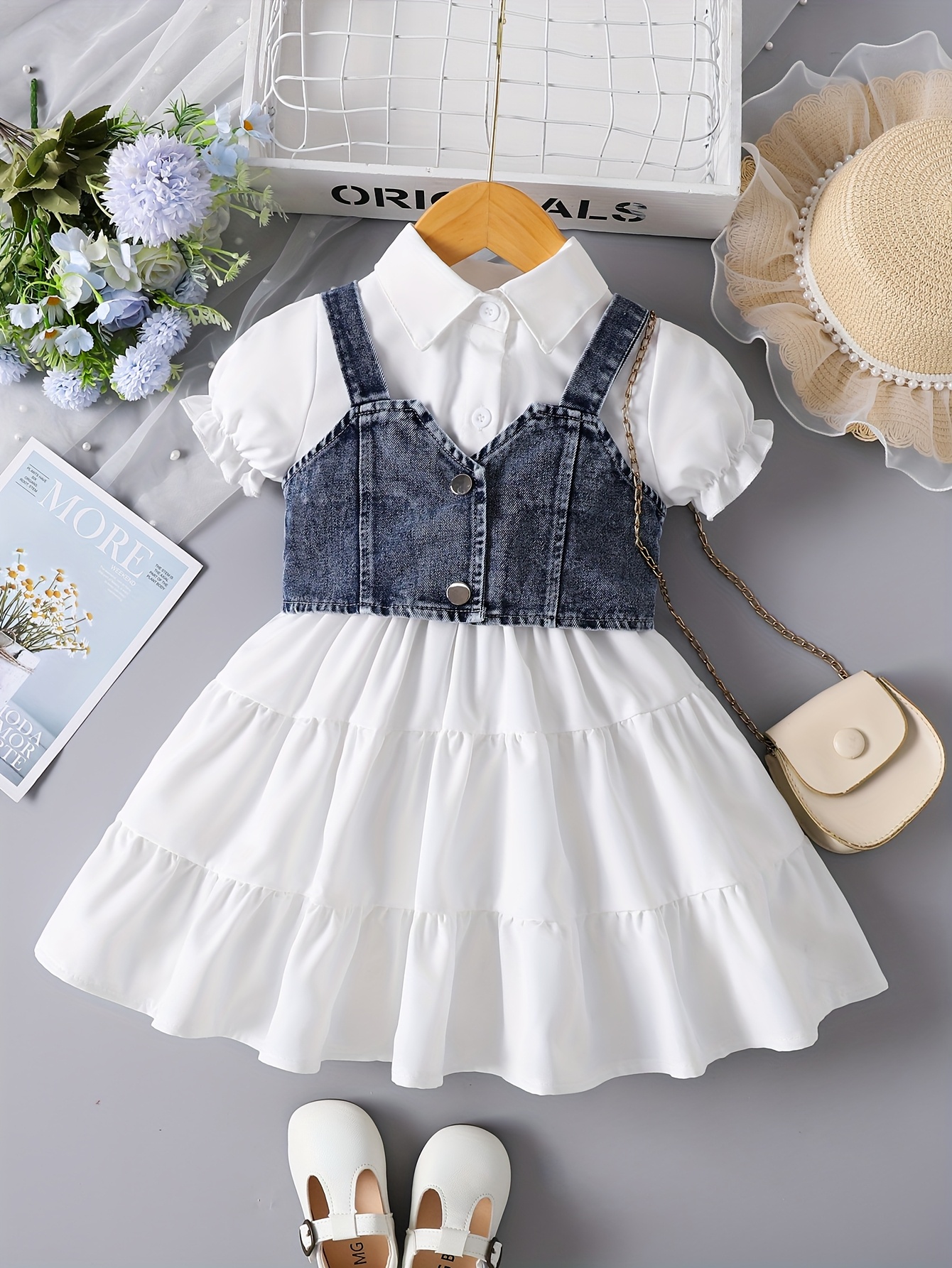 Girls' White Puff Sleeve Dress Paired with a Vest Two-Piece Set P101325
