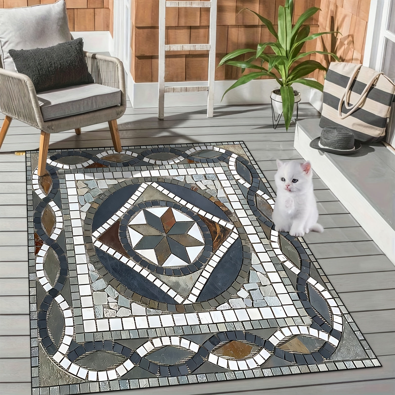 TEMU 1pc Persian Style Classic Elegant Marble Geometric Pattern, Golden Diamond Velvet Large Area Outdoor Mat, Machine Washable Polyester Courtyard
