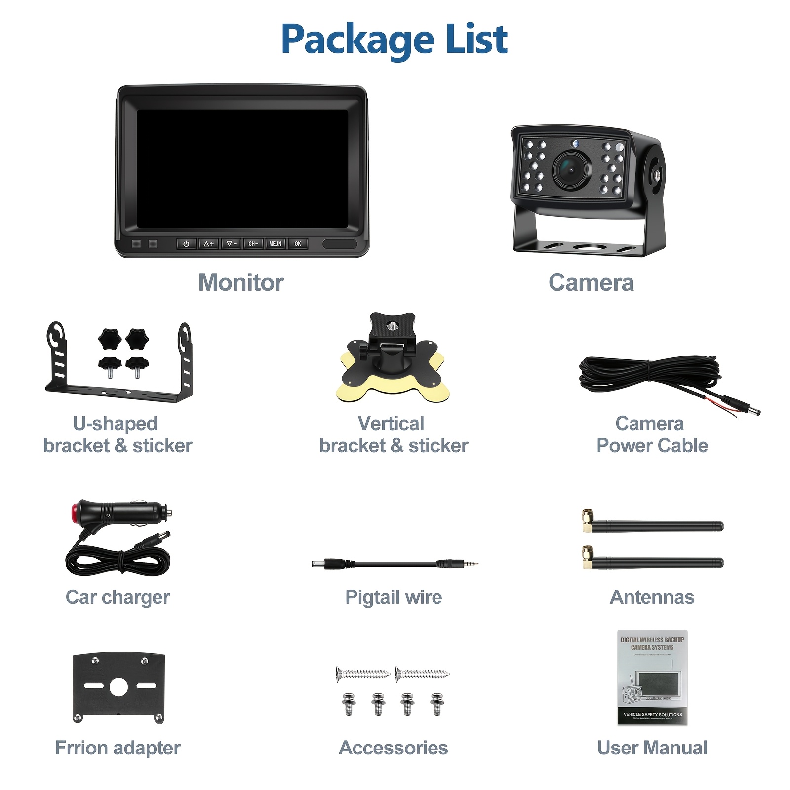   wf8 7 monitor with 1 2cam 1080p 7   monitor and rv backup camera wireless bsd system pre wired for   system recording   rear view camera clear night vision for trailer   truck Product details 15