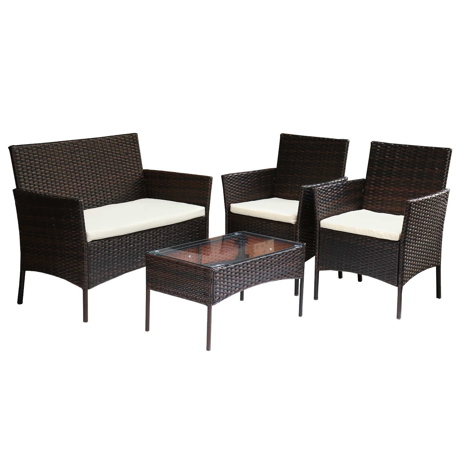 Image of 4pcs Synthetic Furniture Set, Balcony Furniture Set With Glass Table, Includes 2 Armchairs And 1 Two-seater Bench, With 5cm Thick Cushions, Suitable For , Patios, And Gardens ( In Black And Brown)