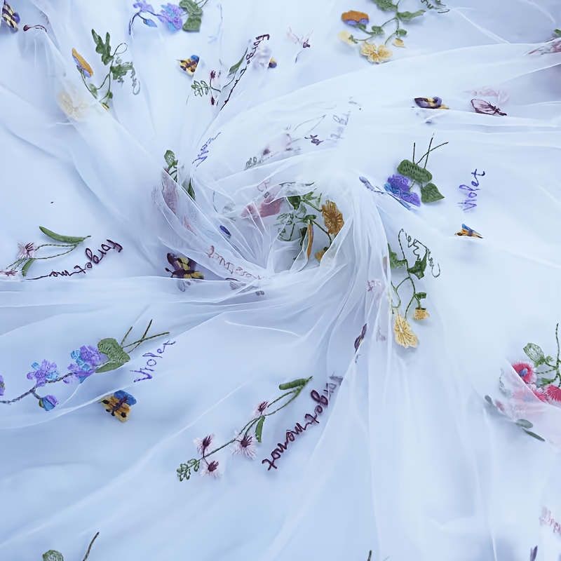 TEMU Tulle Doux pour Robes DIY et Robes de Mariée - Tissu Dentelle Blanche Élégante avec Broderie Florale Colorée, 25.6x78.7in - Lavage à Uniquement