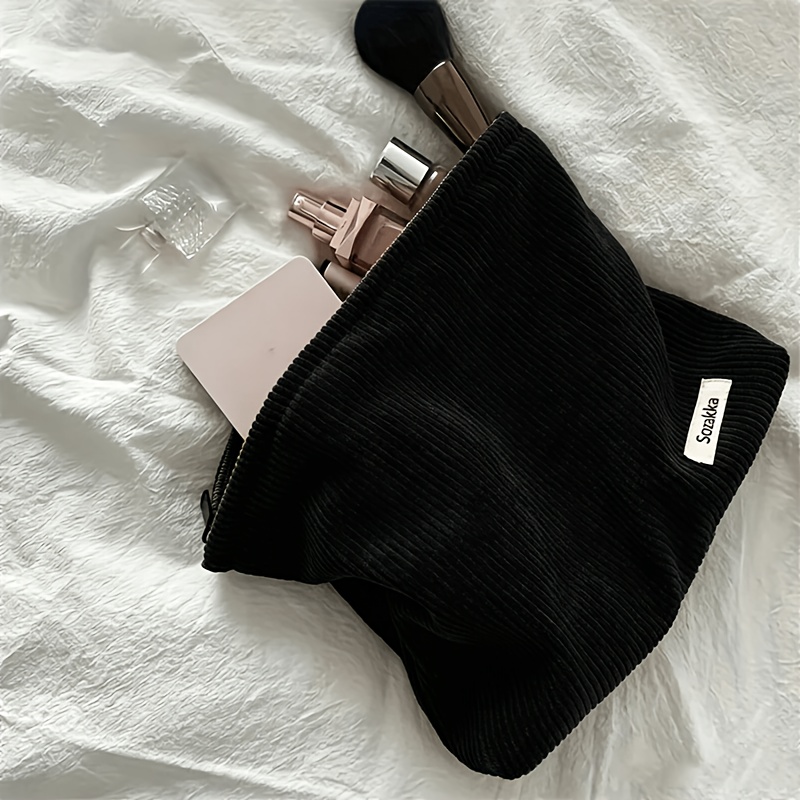 TEMU Trousse de maquillage vintage en velours côtelé à rayures verticales pour femme, pochette de rangement en tissu doux de grande capacité, trousse
