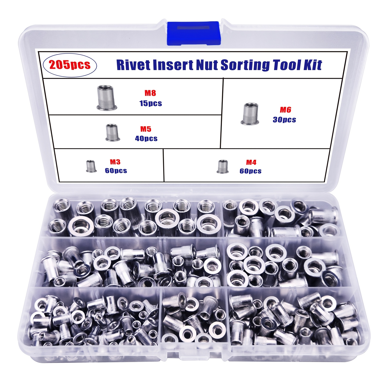 Image of 205pcs Rivet Nut Sorting Tool Kit, Knurled Body Threaded Insert Nuts, Suitable For Sheet Metal Assembly, Furniture Repair, Automotive , Home Decoration
