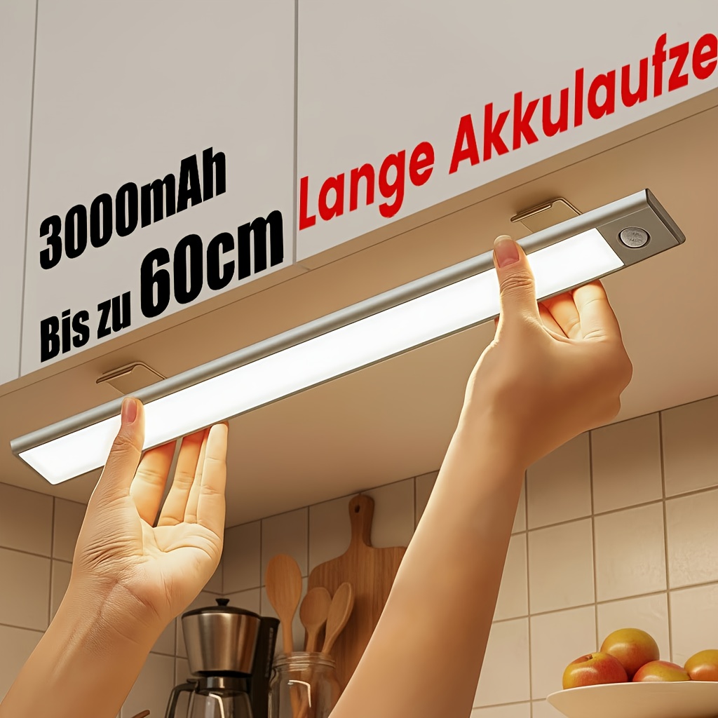 Artikelbild   aluminiumgehäuse led unterbauleuchten, wiederaufladbare batteriebetriebene bewegungssensorleuchte für den innenbereich, magnetische dimmbare schrankleuchten, kabellose unterbauleuchten für küche, treppen, schlafzimmer, wohnzimmer, einfache installation energieeffizient