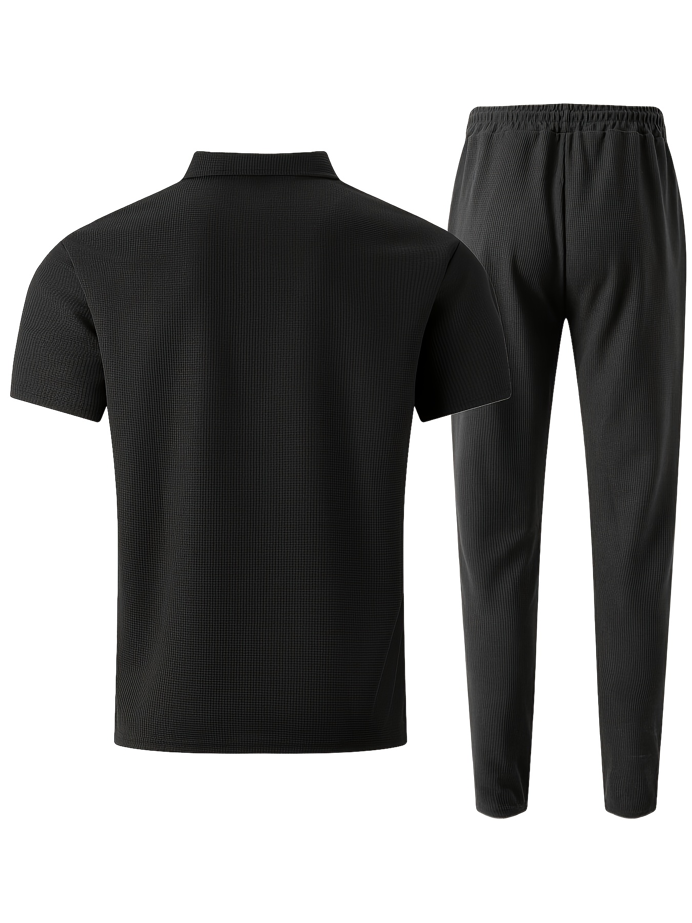 Men's Waffle Knit Casual Double-Pocket Short-Sleeve Shirt with Athletic Long Pants Set