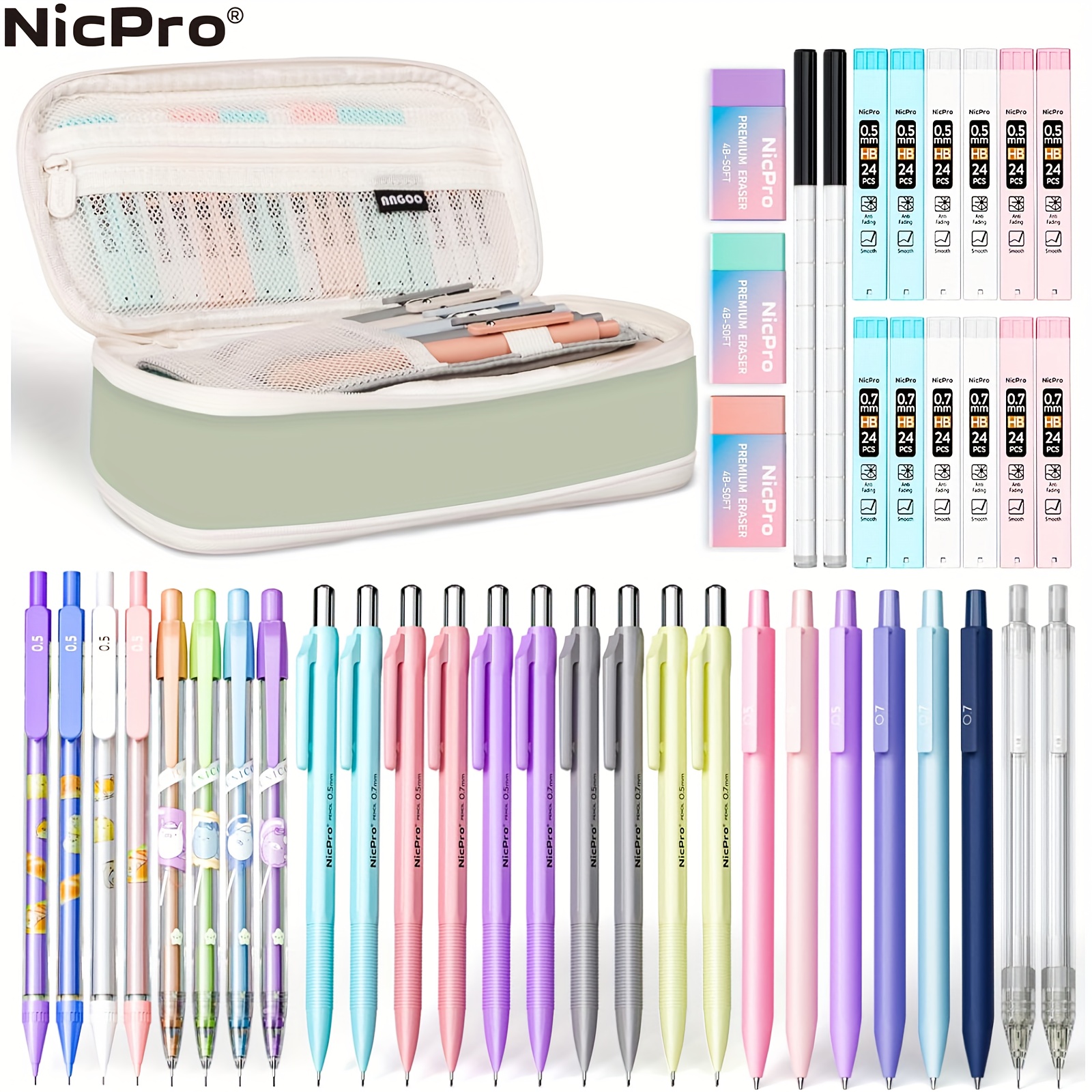 

Nicpro 46pcs Aesthetic Stationery Set, With Large Capacity Pencil Case, 26pcs Mechanical Pencils 0.5mm And 0.7mm, Including 288 Pieces Of Hb Pencil Leads, Pastel Mechanical Pencil Set