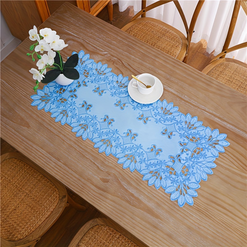 Elegant Blue Floral Embroidered Polyester Table Runner - Perfect For Weddings, Birthdays, And Home Decor