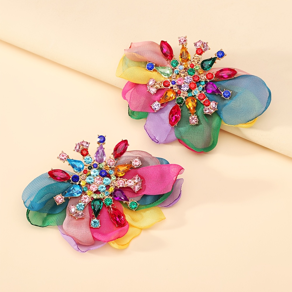 TEMU Boucles d'oreilles à clous surdimensionnées en de soie avec strass, boucles d'oreilles à fleurs scintillantes pour femmes, bijoux de fête,
