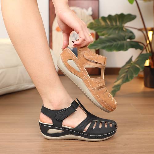 womens bohemian hollowed out retro closed toe platform sandals adjustable hook and loop t strap cushioned insole non slip rubber sole breathable pu cover heel summer shoes for casual formal wear chunky heel sandals outdoor walking design durable construction trendy footwear