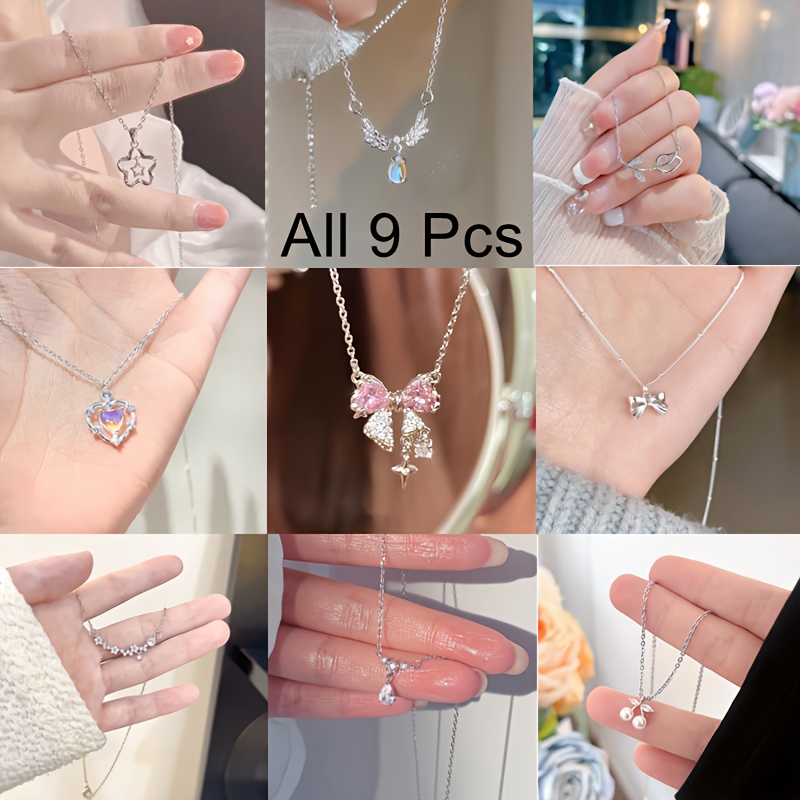 TEMU Random 5/9pcs Y2k Exquisite And Fashionable Pink Rhinestone Bow Cherry Heart Pendant Necklace Set For Women' Wear And Celebrations.