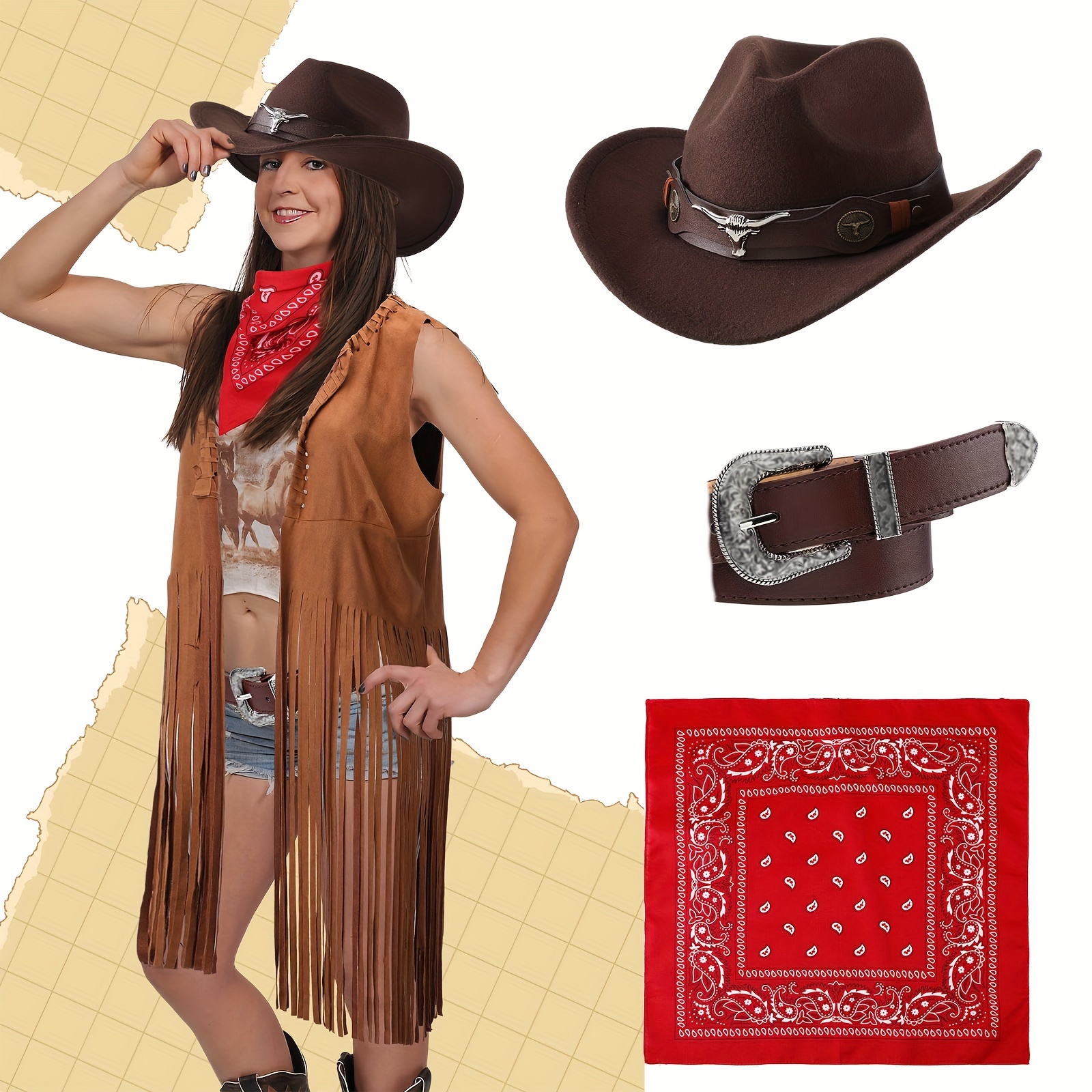 

3 Pcs/set Hat Cowboy Costume Accessories Include Cowboy Costume Hat And Vest Cowboy Belt And Paisley Bandana For Halloween Dress Up