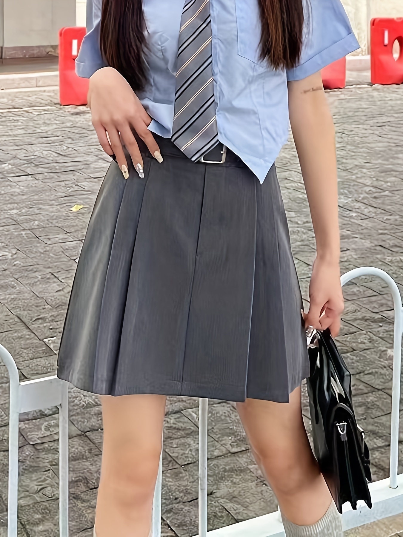 Mini Skirt Gray Pleated Skirt Uniform Elegant High Waist Pleated