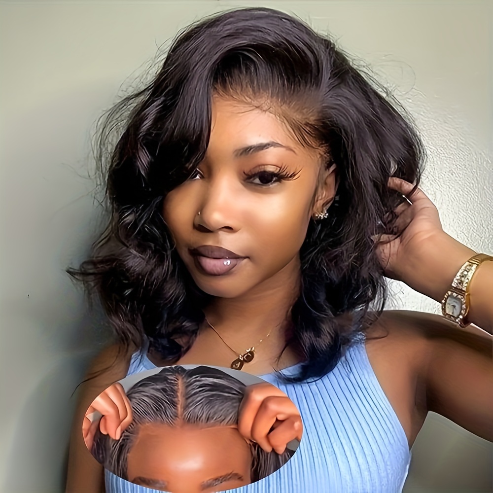 16 Inch Short Wave Human Hair Wig Full Lace Body Wave Wig Side Part Pre  Plucked