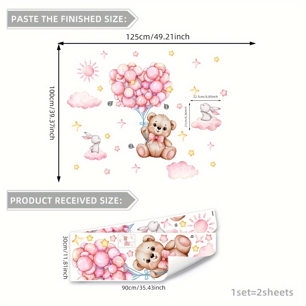 Image of A Set Of 2 (30*90cm*2pcs) Bear Rabbit Wall Stickers Living Room Background Bedroom Wall Stickers Decorative Wall Stickers Self-adhesive (ms6456-zy)