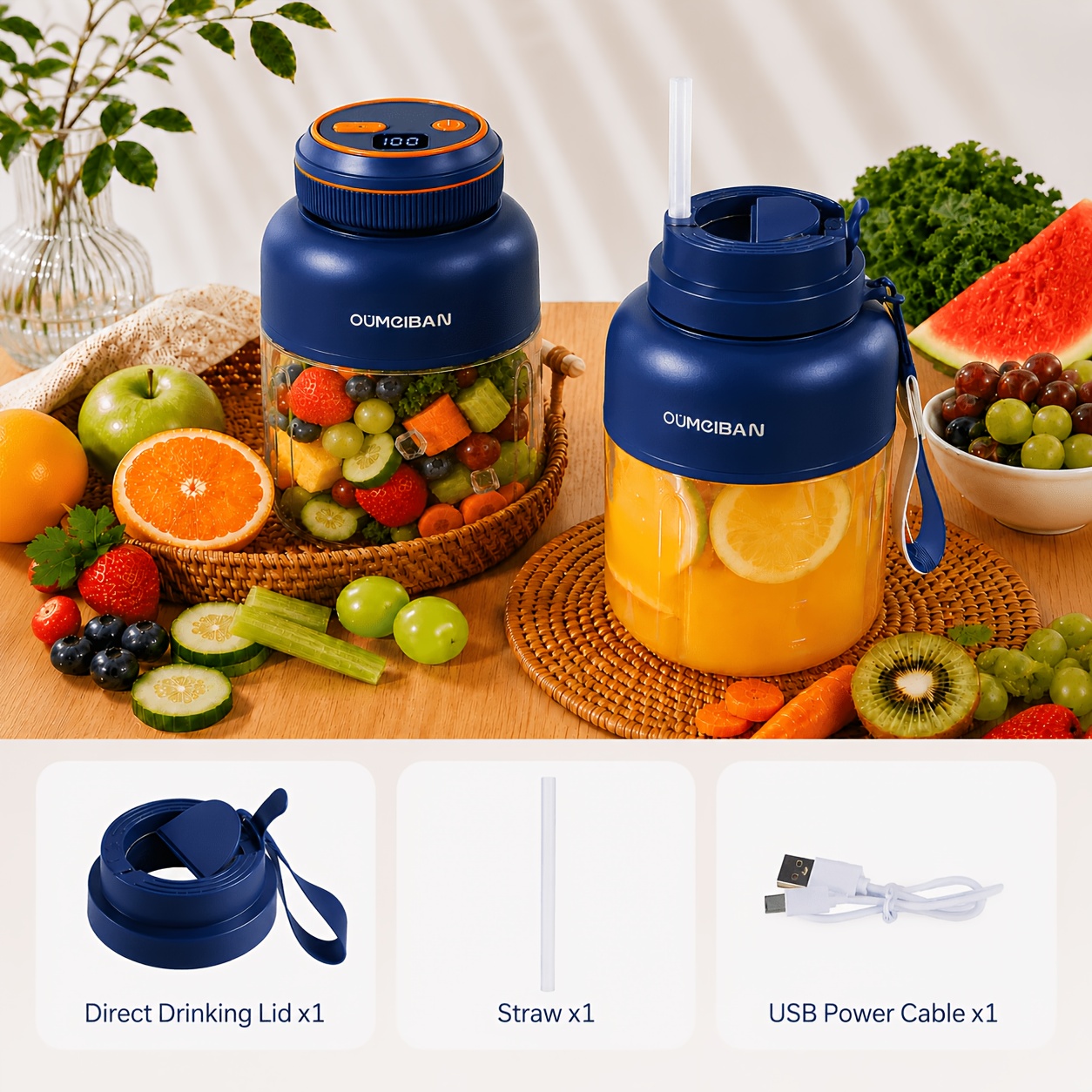 TEMU 44oz Portable Blender, Personal Smoothie Blender With 38 Stainless Steel , Usb Rechargeable Cup For Protein Shakes, Fresh Juice, & Ice , Large