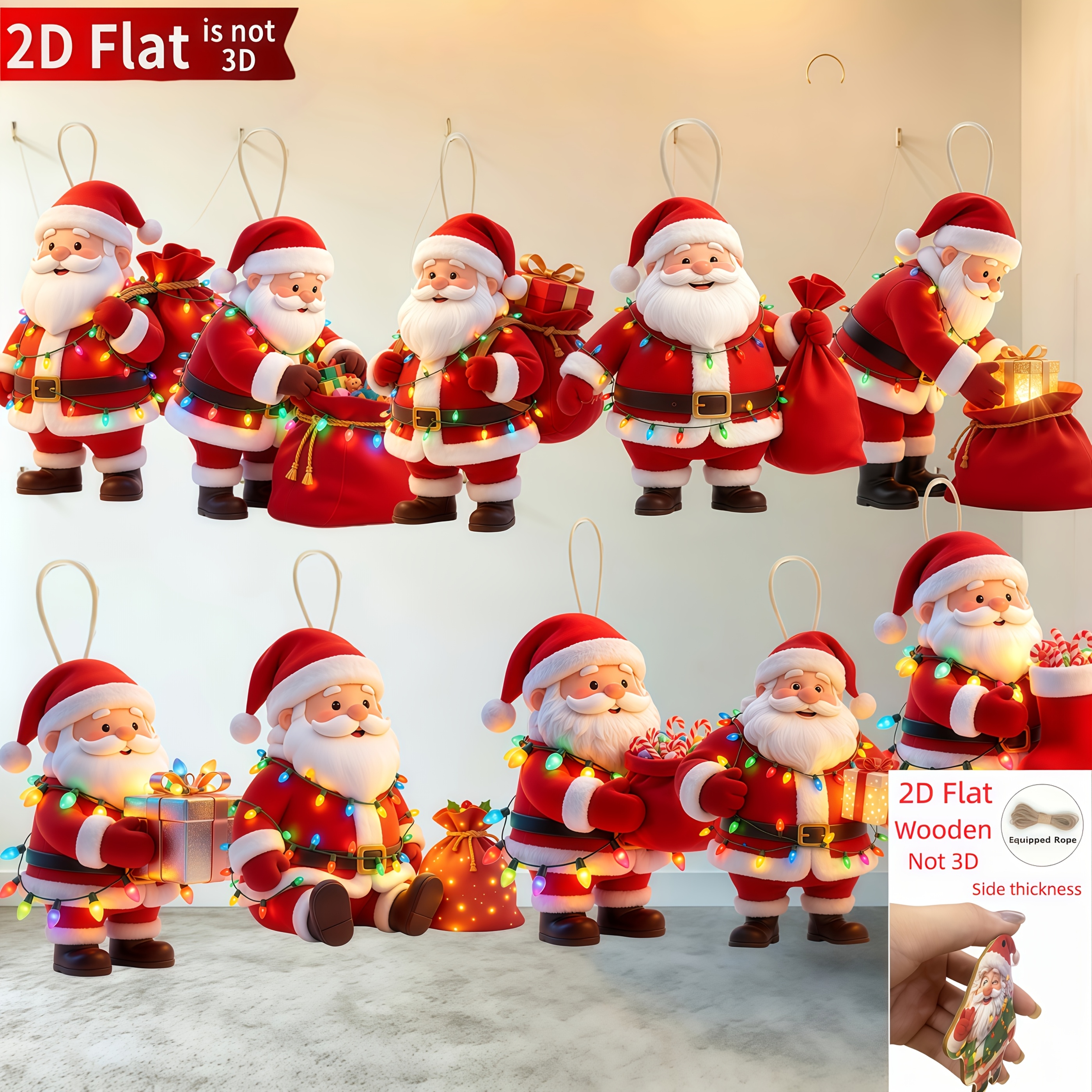 TEMU 2d Flat, 10pcs Santa Claus And Gift Pattern Wooden Ornaments, Christmas Party Decoration Set, Suitable For Tree Display, Mini Holiday House