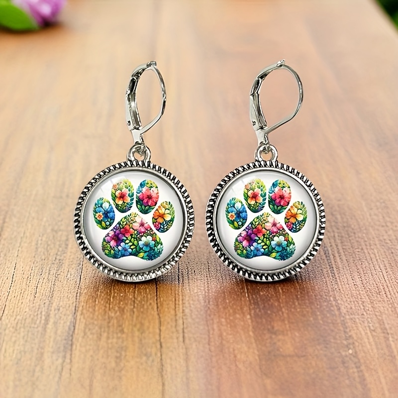 TEMU 1 Pair Flower Cat Paw Retro Earring Round Glass Dome Earrings