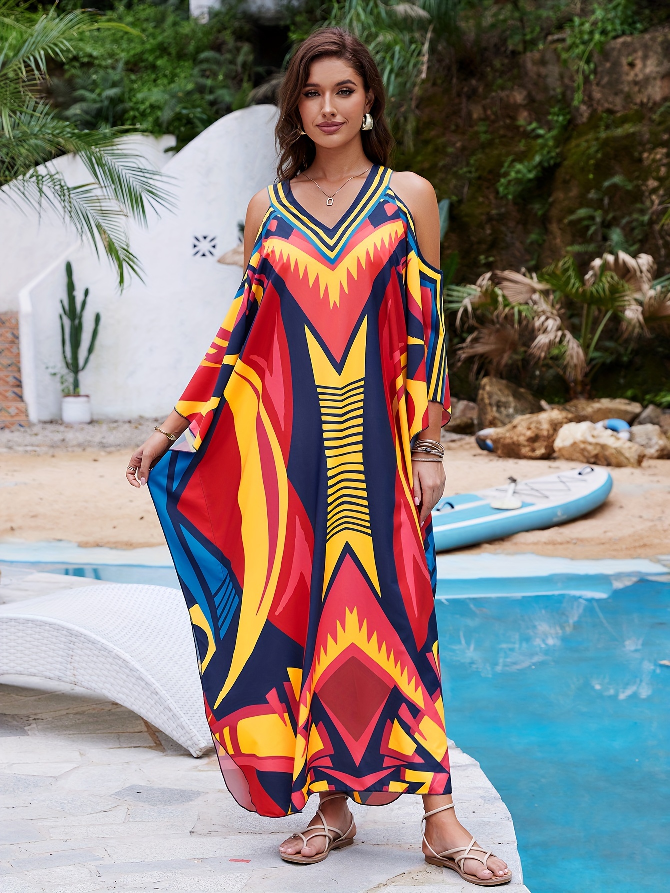 allover print cold shoulder kaftan dress casual v neck Temu