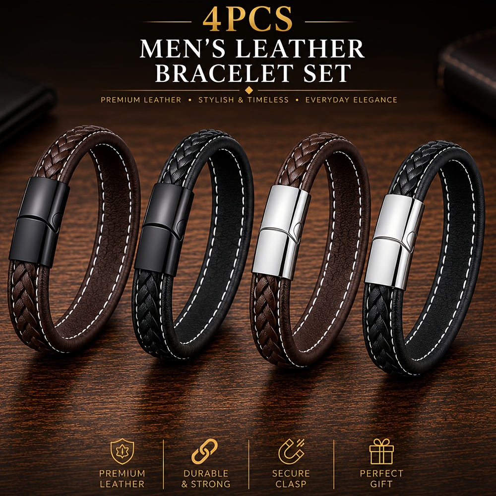 TEMU 4pcs Men's Woven Pu Leather Bracelet Set, Black And Magnetic Wristband, Casual Wrist Jewelry, Suitable For Men' Wear, Is An Ideal Gift For