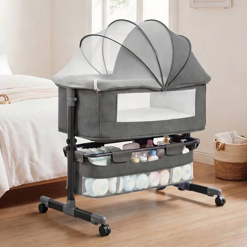 3 in 1 baby crib baby bassinet bedside sleeper bedside crib for baby adjustable baby bassinet with wheels storage basket mattress easy assemble and folding portable baby cradle grey wt 18 3 lbs age 6 cap 55 lbs
